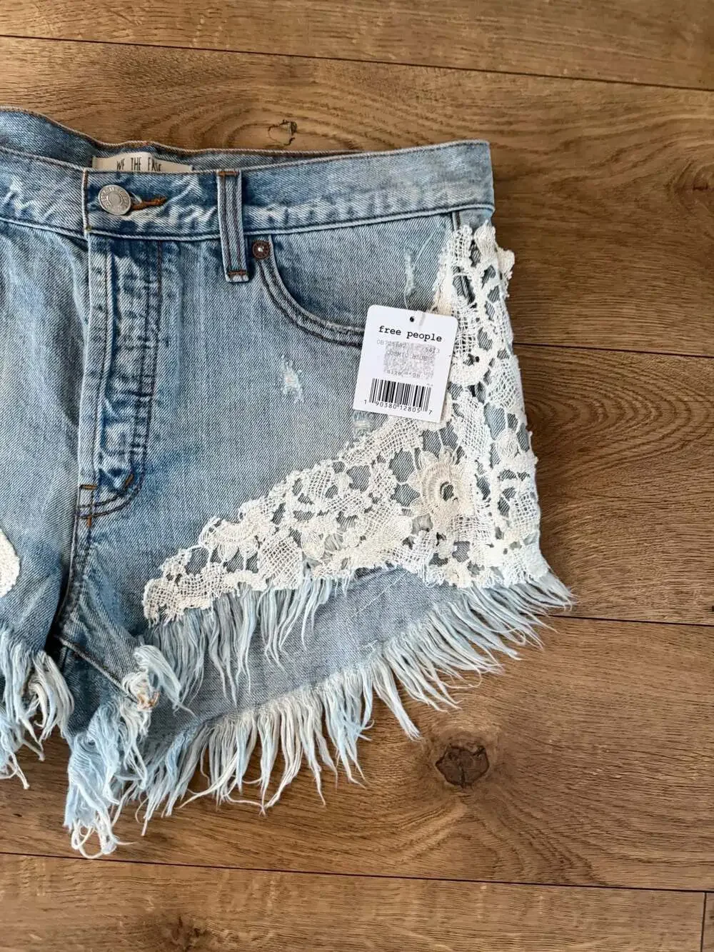 We The Free Good Vibes Denim Lace Distressed Cut-Off Shorts